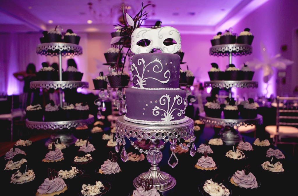 masquerade party themed caked and cupcakes