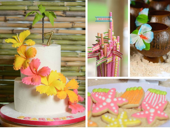 beach themed birthday party cake and decorations