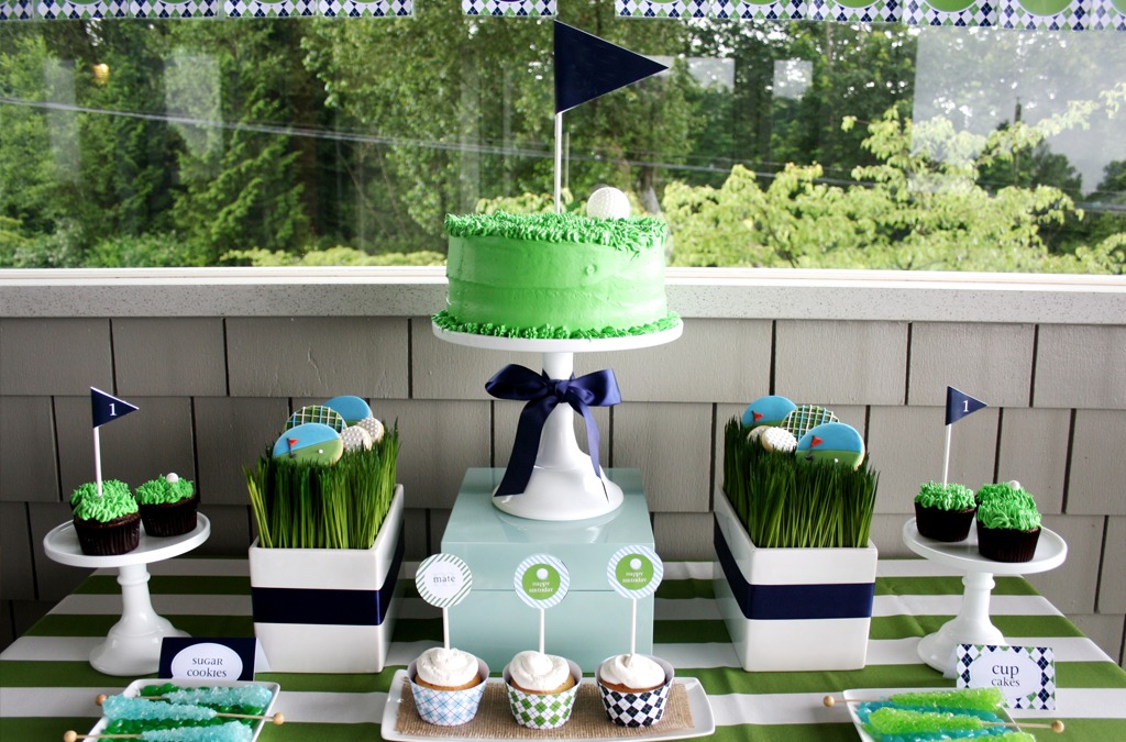 Golf themes party with cake and cupcakes