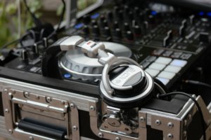 close up of DJ music equipment and headphones