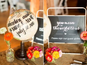Wedding guest book alternative featuring a vintage globe with hand-lettered calligraphy reading “Adventure awaits, Jessica & Scott, July 30, 2016,” surrounded by colorful flowers in glass vases. A nearby sign reads “You mean the world to us. Please sign our guest globe.”