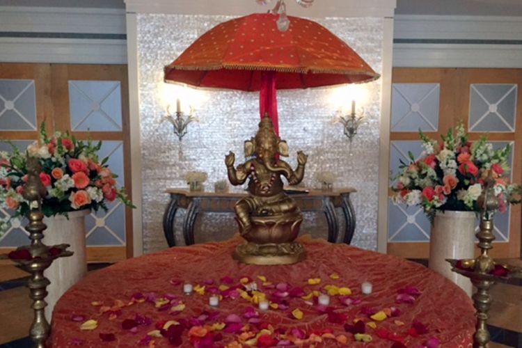 Ganesha elephant wedding reception decoration sits on a welcome table in PineCrest's foyer outside the ballroom.