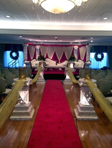 PineCrest's ballroom decorated with traditional Indian wedding sofas for South Asian pre-wedding celebrations.