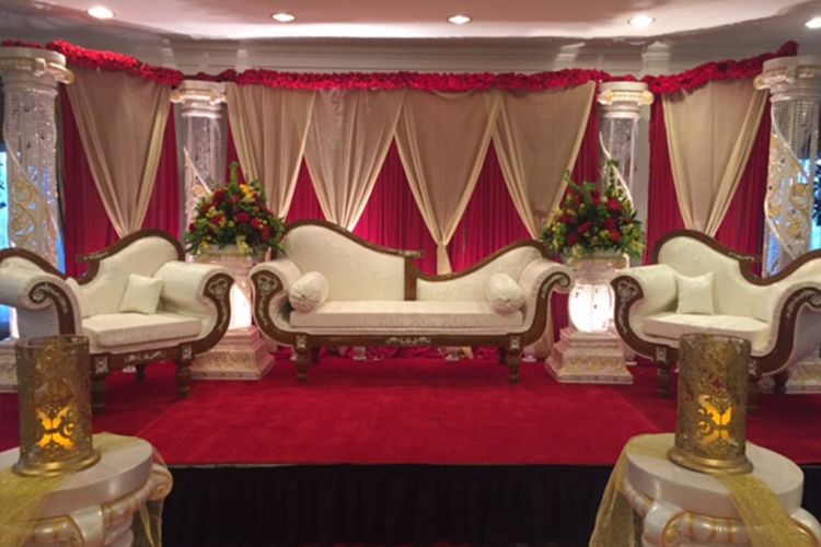 Indian wedding couches and furniture set up in the elegant Foyer at PineCrest near Bucks County.