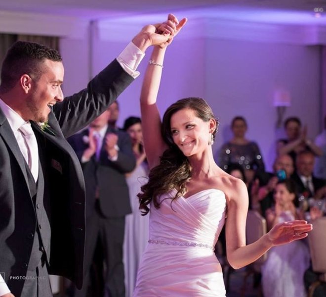 Bride and groom celebrating their wedding reception at the PineCrest Room in Montgomery County, PA
