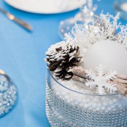 winter themed center piece with snowflake and pinecone