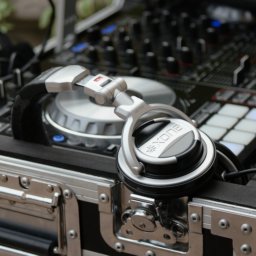 close up of DJ music equipment and headphones