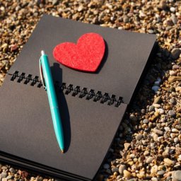Black paper notebook with red heart and pen.