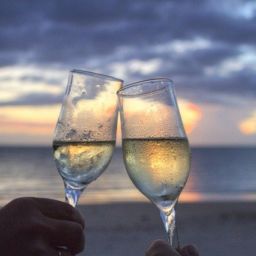 two raised glasses at the beach