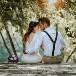 wedding couple sitting on dock