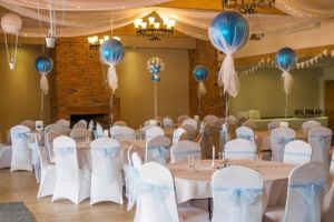 Events room decorated with tulle for a bridal shower