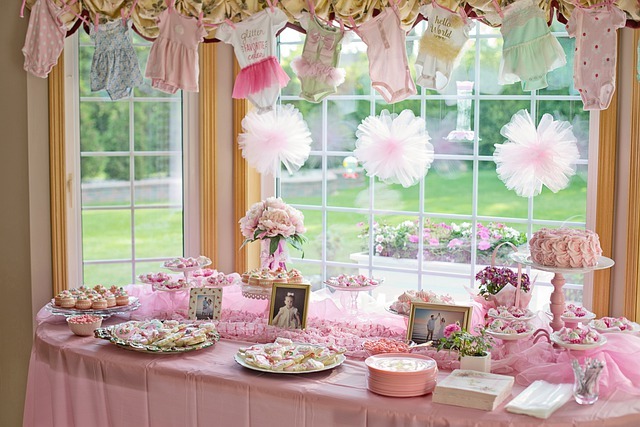 Pink themed baby shower decorations