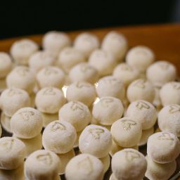 white confectionery balls with a heart design