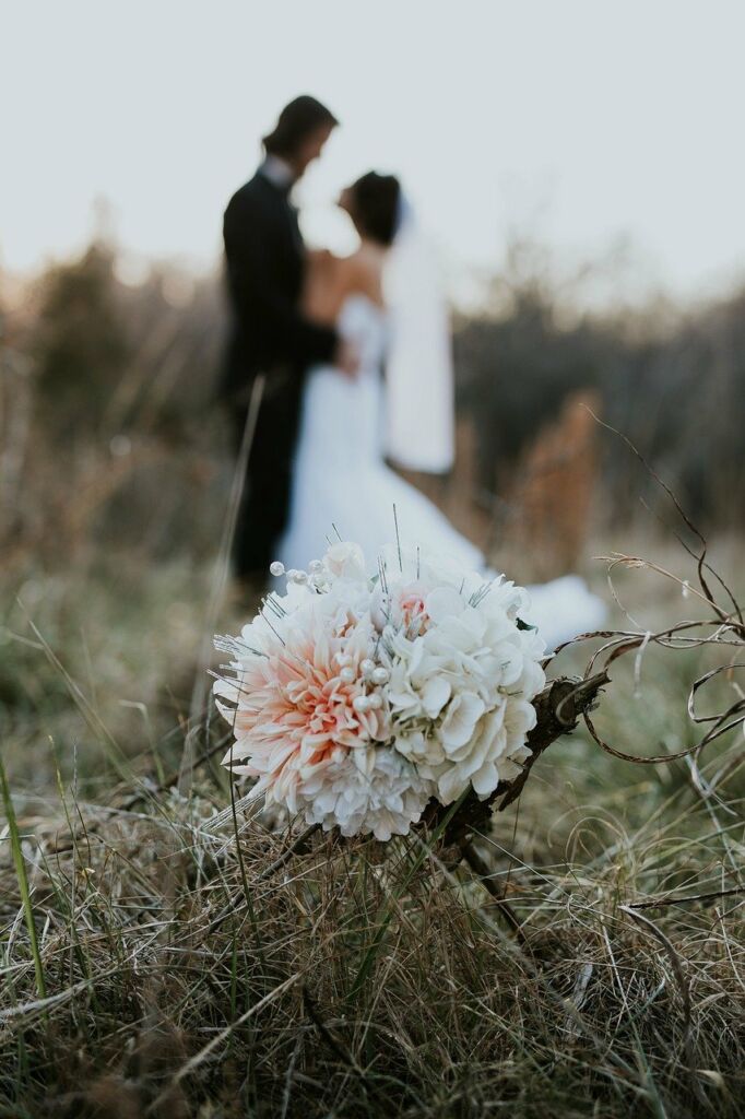 newly married couple outdoors in the distance