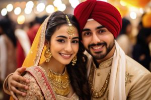 A smiling Indian bride and groom in traditional wedding attire, with the bride wearing gold jewelry and an orange veil and the groom in a red turban and cream sherwani.