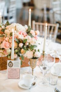 Spring wedding flowers on a reception table