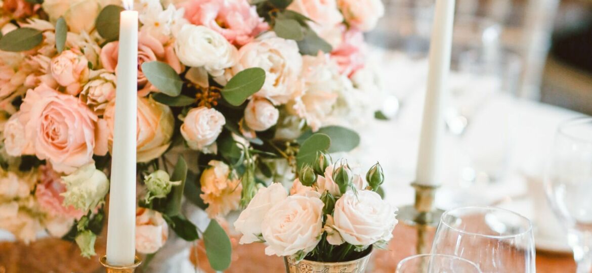 Spring wedding flowers on a reception table